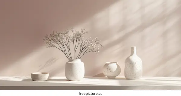 Minimalist Still Life with Vases, Pampas Grass, and Pink Wall