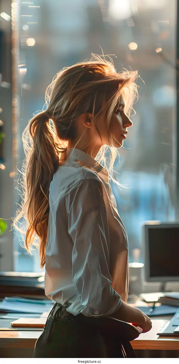 portrait of a woman in profile with long blond hair