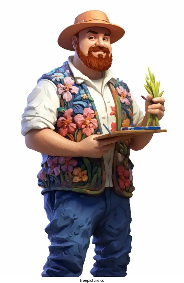 An illustration of a male artist painting flowers