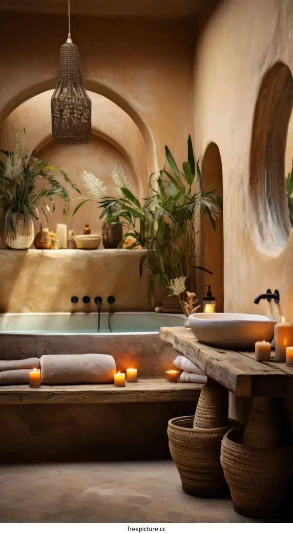 Bathroom with natural elements and a bathtub