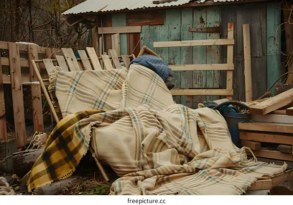 Plaid Blanket Laid Out On Wooden Structure In Front Of Shed