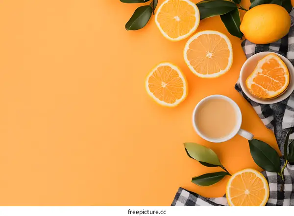 Orange Slices and Cup of Coffee on Orange Background