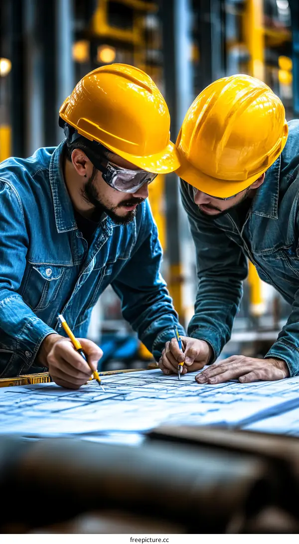 Two Engineers Collaborating on Blueprint Drawings