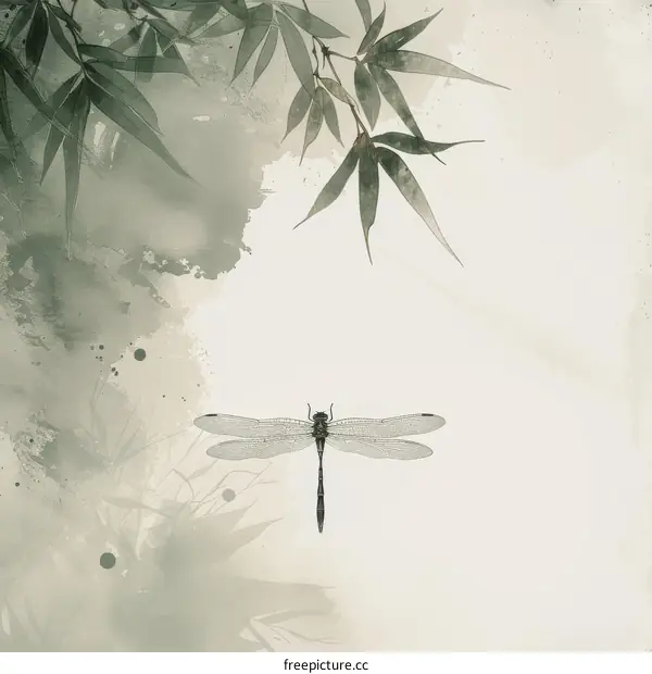 A Green Dragonfly Perched on a Bamboo Plant with a White Background