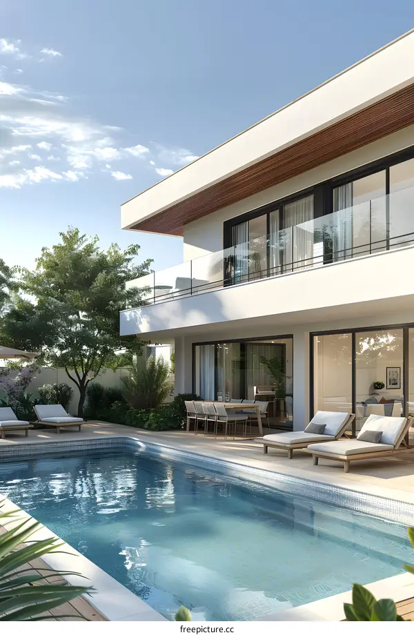 A modern house with a swimming pool and a beautiful garden