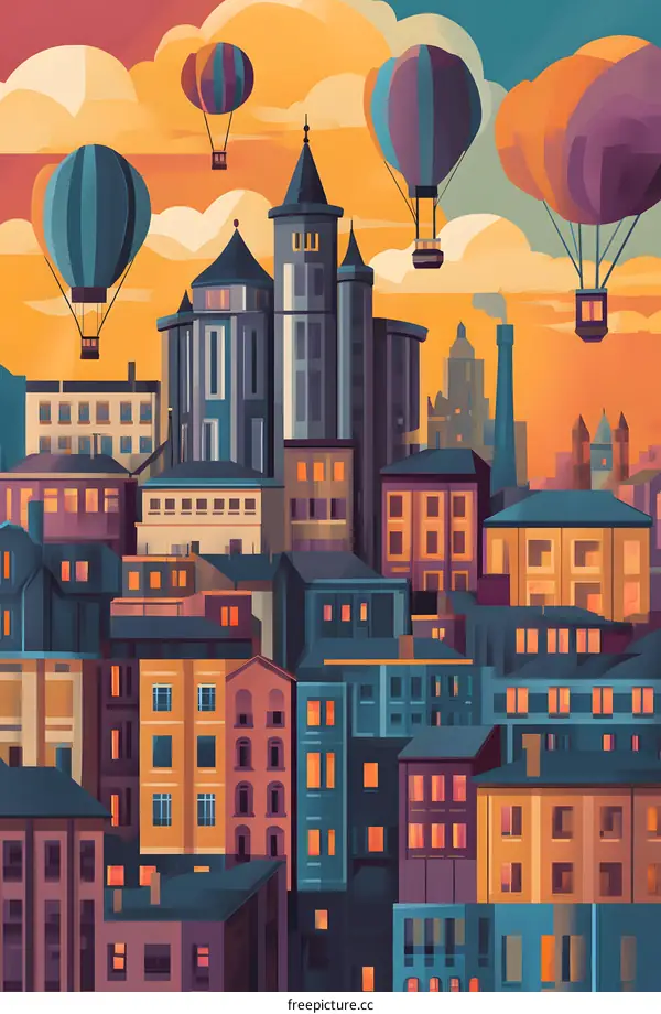 Cityscape with Hot Air Balloons at Sunset