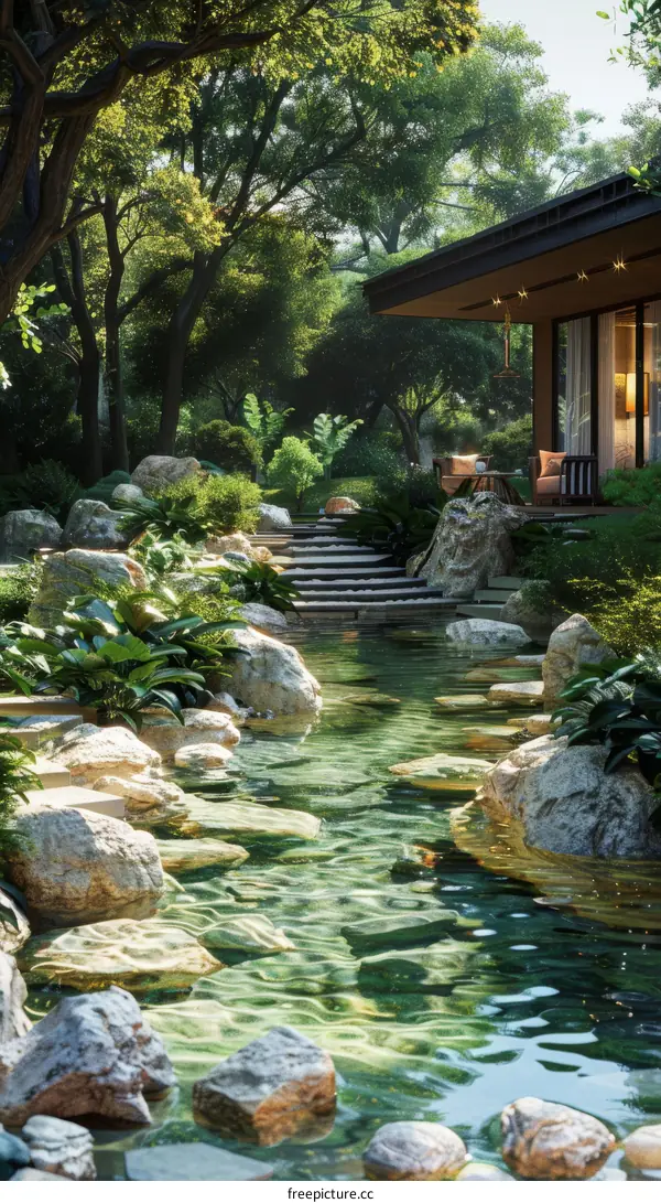 A serene house nestled in a lush forest with a river meandering through it