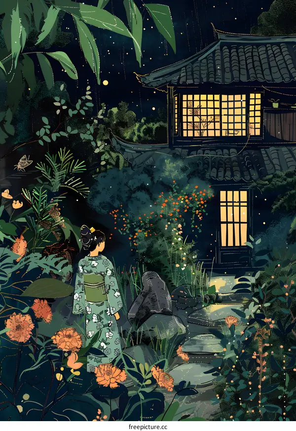 Woman in Kimono Walking Through Japanese Garden at Night