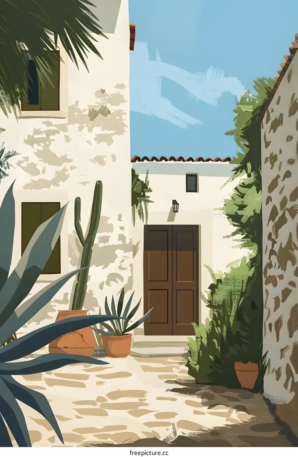 Illustration of a Mediterranean Style Courtyard with Stone Walls and Lush Greenery