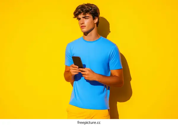 Stylish Young Man with Smartphone against Vivid Yellow Background