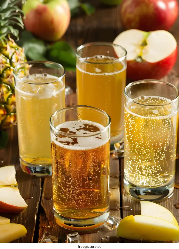 Glass of Sparkling Apple Cider on Wooden Table