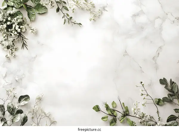 White Marble Background with Greenery and Flowers