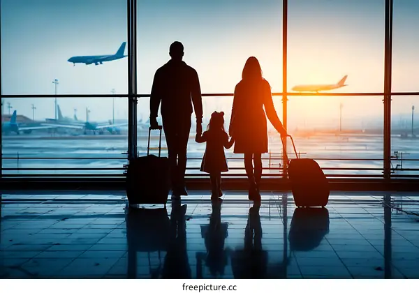 Airport Family Waiting for Flight Silhouette