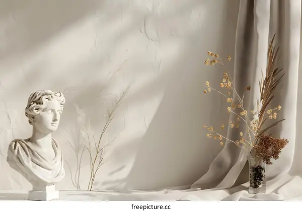 Minimalist Home Decor with White Plaster Wall, Dried Flowers, and a Bust Statue