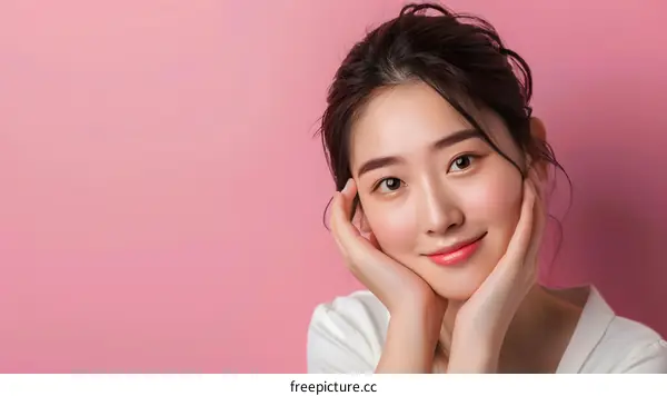 Beautiful Asian Woman Smiling with Pink Background