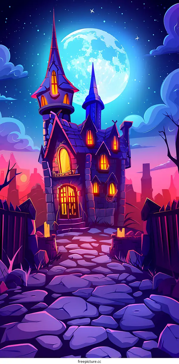 Spooky Halloween Night with Haunted House and Full Moon