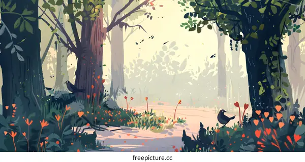 Forest Path with Birds and Flowers