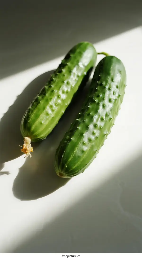 Two Fresh Green Cucumbers on White Surface with Natural Light