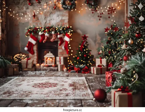 Christmas Living Room with Fireplace and Decorated Tree