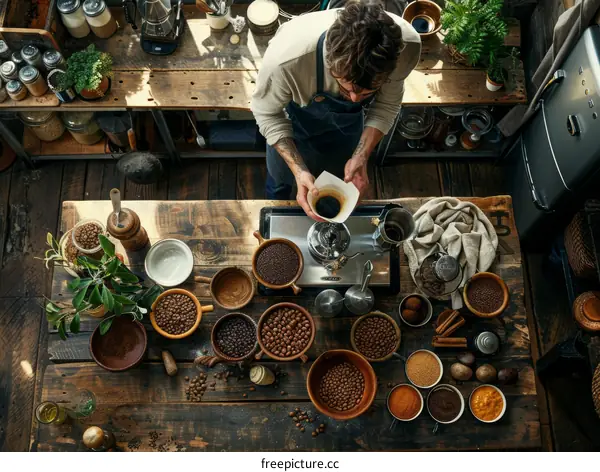 Barista making coffee with various types of coffee beans