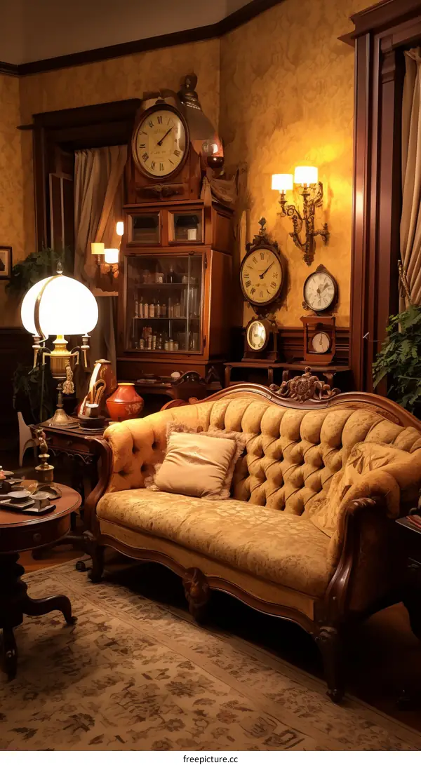 luxurious Victorian parlor with a fainting couch and lots of clocks