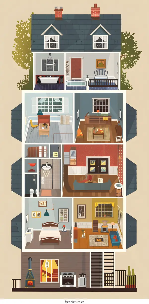 The Illustration of a Cross Section of a Home Showing All the Rooms Inside