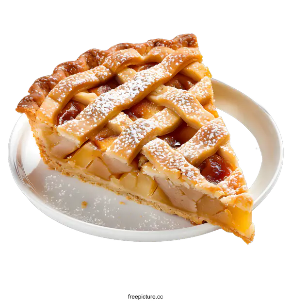 [Transparent Background PNG]Slice of apple pie with lattice crust on white plate