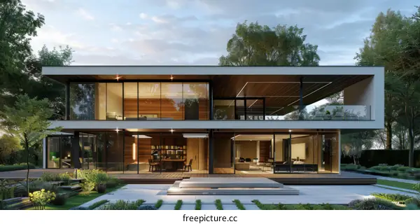 Modern minimalist villa with huge glass windows and open floor plan