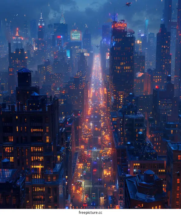 Futuristic Night Cityscape Aerial View