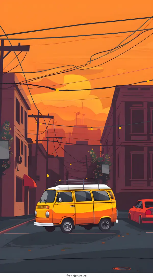 Sunset Cityscape with Yellow Van