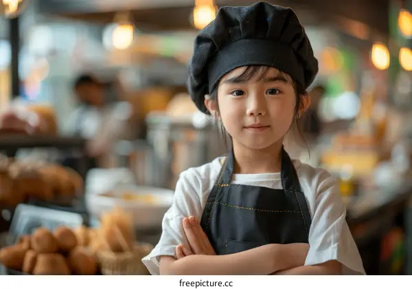Little girl in a chef's hat and apron standing in a bakery