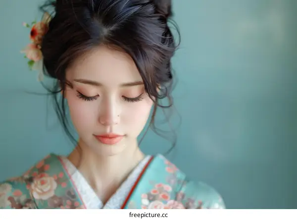 Portrait of a beautiful Asian woman in traditional Japanese kimono