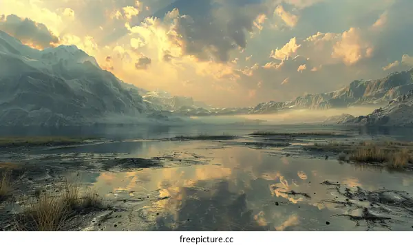 Mountain Lake Landscape with Clouds and Mist