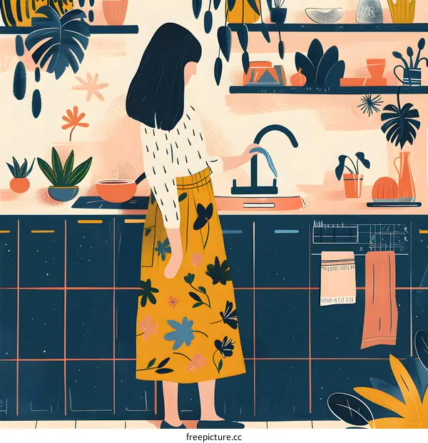 Woman in Kitchen with Plants and a Floral Skirt
