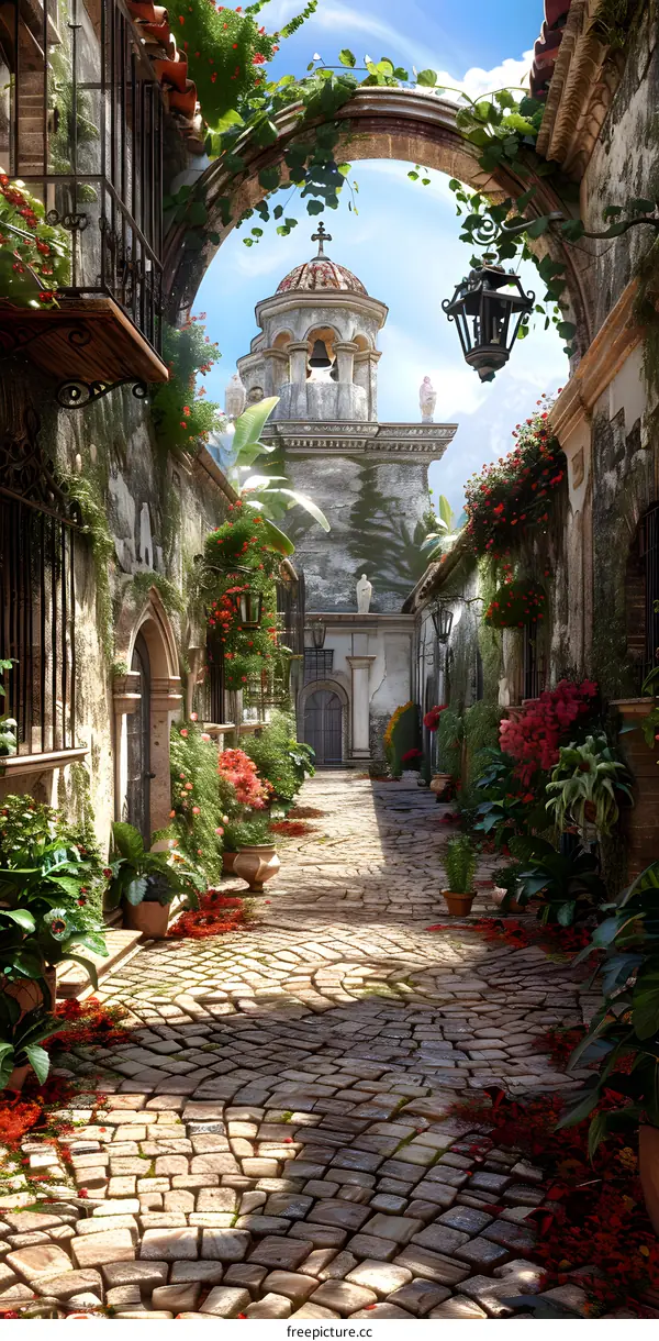 Old Town Alleyway with Flowers and Arch