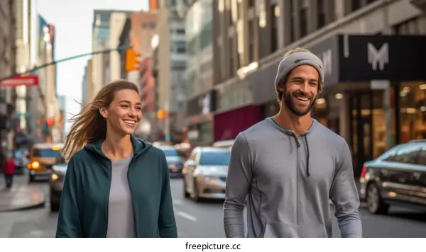 A young couple is walking down a city street smiling and laughing