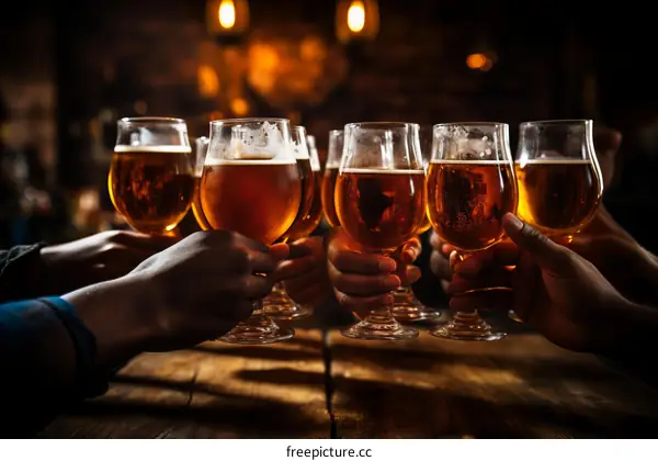 Group of friends toasting with beer glasses at a bar