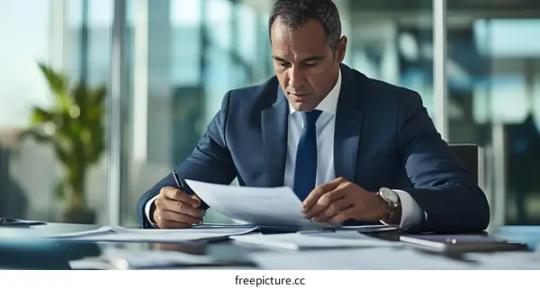 Businessman Reviewing Documents at Desk in Office