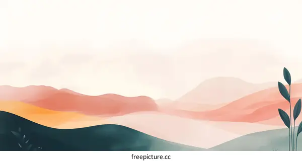 Minimalist Watercolor Mountain Landscape With Green Leaves