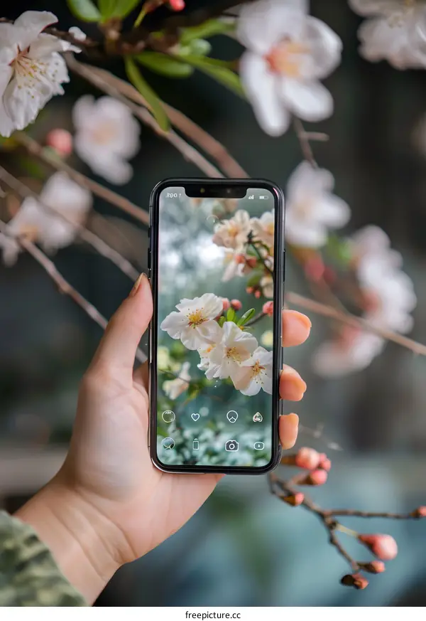Hand Holding Smartphone Taking Picture Of Flowers