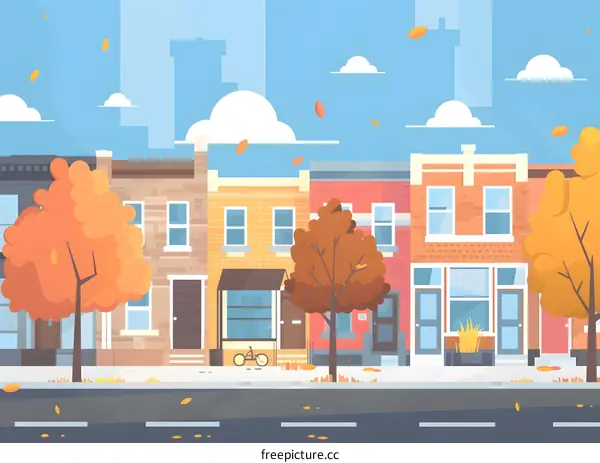 Fall Autumn Street Illustration With Row Houses