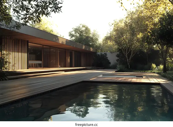 Modern House with Swimming Pool and Wooden Deck