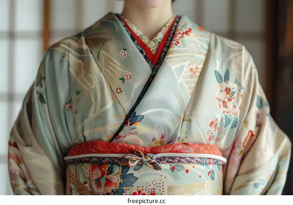Close up of woman wearing kimono with floral pattern