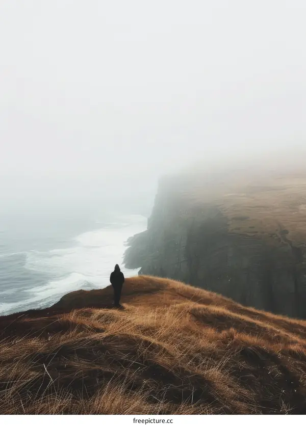 alone man standing on cliff edge looking out to sea