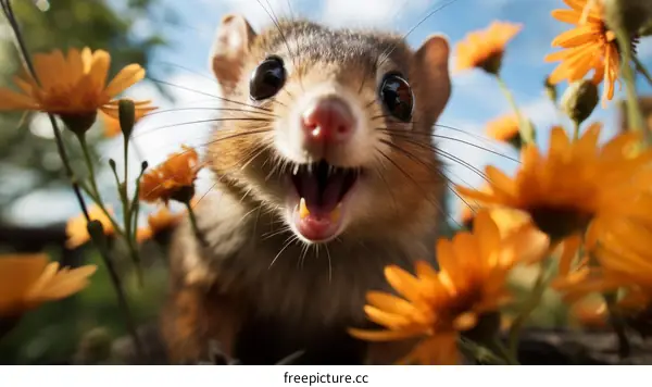 A smiling quokka in a field of orange flowers