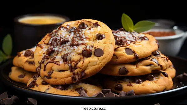 Close-up of a stack of chocolate chip cookies