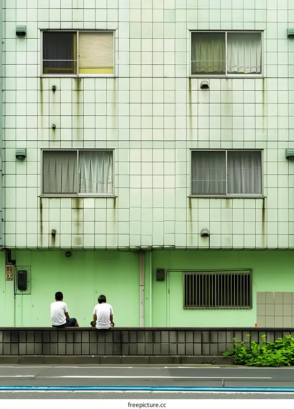 Two Men Sitting on a Wall in Front of a Green Building
