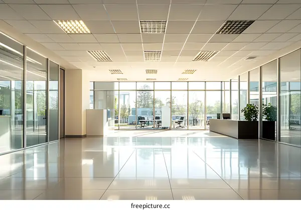Modern Office Lobby with Large Windows and Shiny Floor