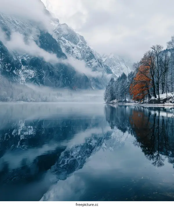 Stunning winter mountain lake landscape with snow capped mountains and colorful trees reflected in the calm water