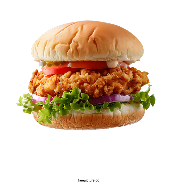 [Transparent Background PNG]Fried chicken sandwich with lettuce tomato and onion